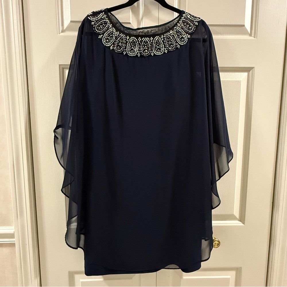 XSCAPE Navy Beaded Cape Dress 14 Wedding Guest Mother of Bride Formal - Picture 3 of 10